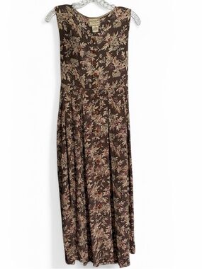 Vtg 90s April Cornell Floral Maxi Dress XS Brown Rayon Tie Back